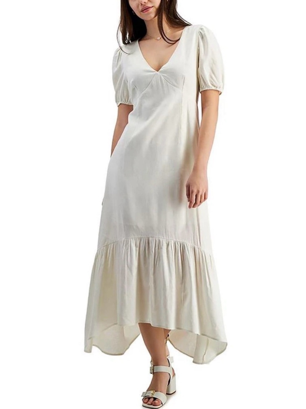 Tinsel Cream High-Low V-Neck Maxi Dress with Puff Sleeves